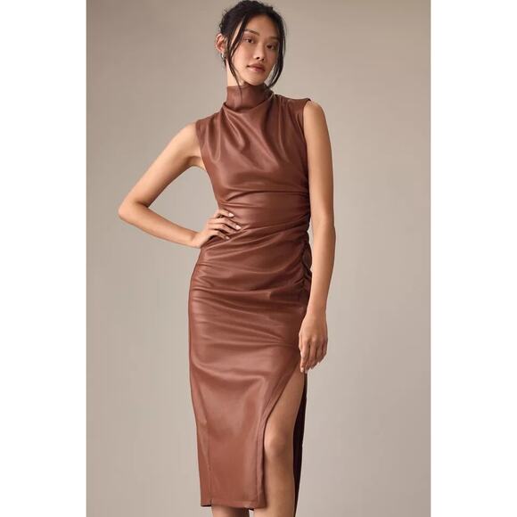 Anthropologie Dresses & Skirts - Anthropologie Maya Vegan Leather Cowl Neck Midi Dress – Brown, Sz 14